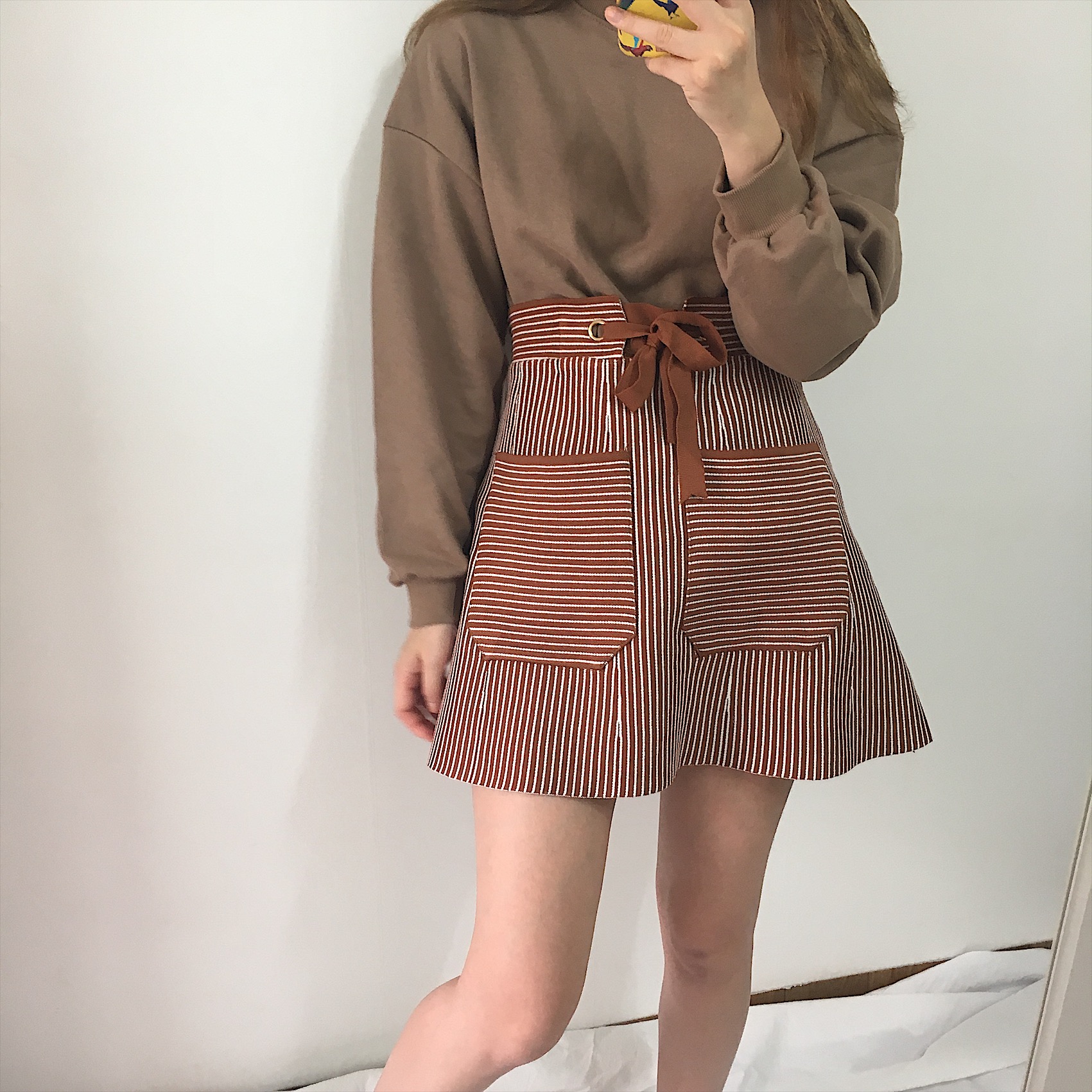 Pocket knot mini skirt 2color autumn striped slim 