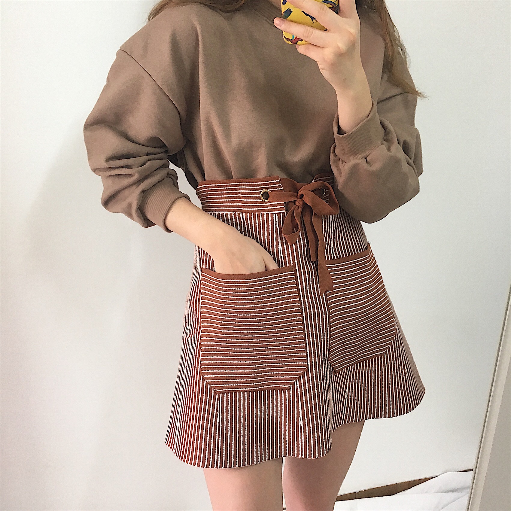 Pocket knot mini skirt 2color autumn striped slim 