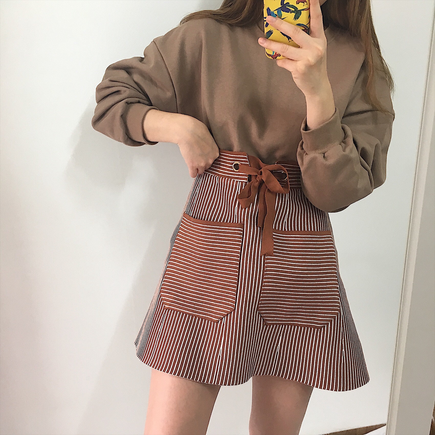 Pocket knot mini skirt 2color autumn striped slim 