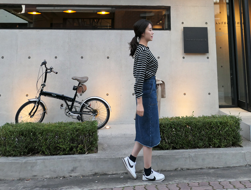 H line front denim denim skirt h long