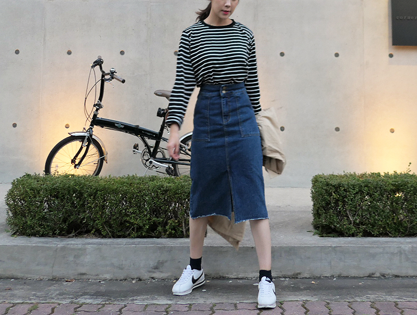 H line front denim denim skirt h long