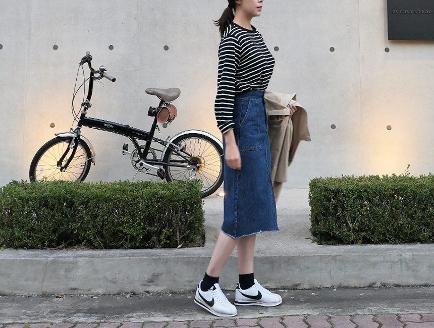 H line front denim denim skirt h long