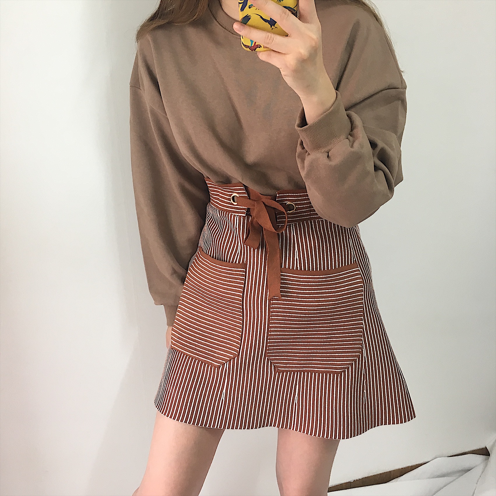 Pocket knot mini skirt 2color autumn striped slim 