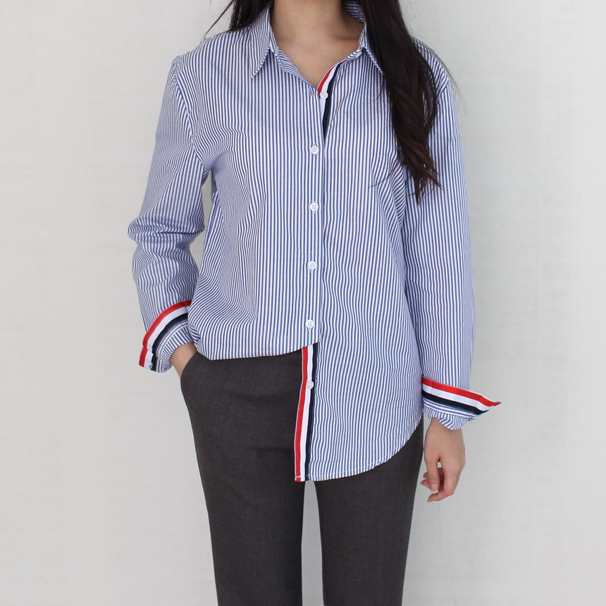 Tom Striped Shirts Blouse Rouge Pitch Collar Blue 