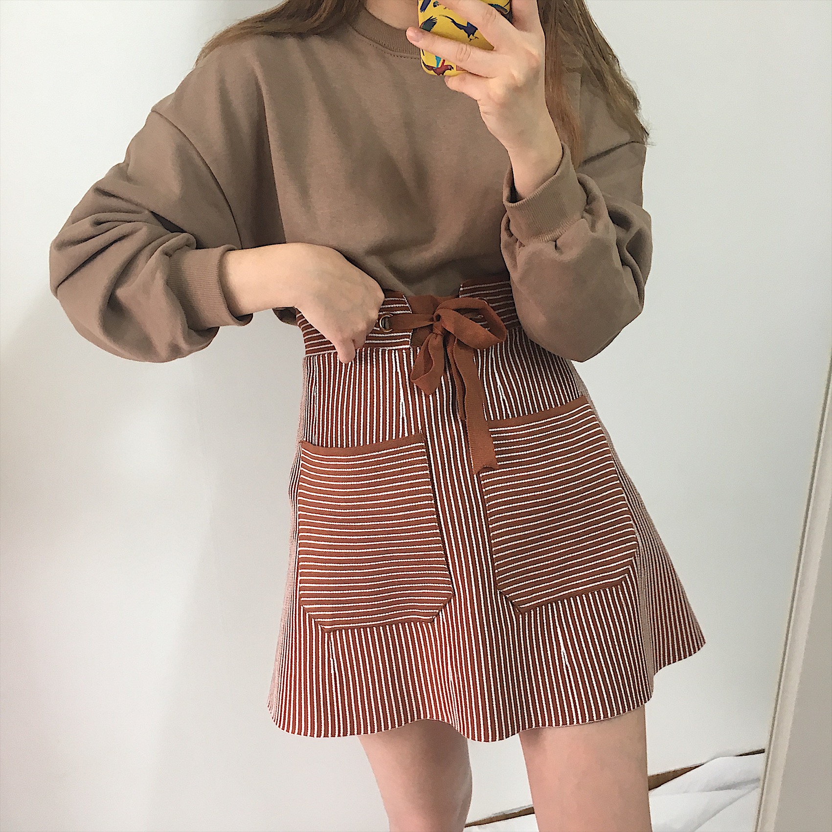 Pocket knot mini skirt 2color autumn striped slim 