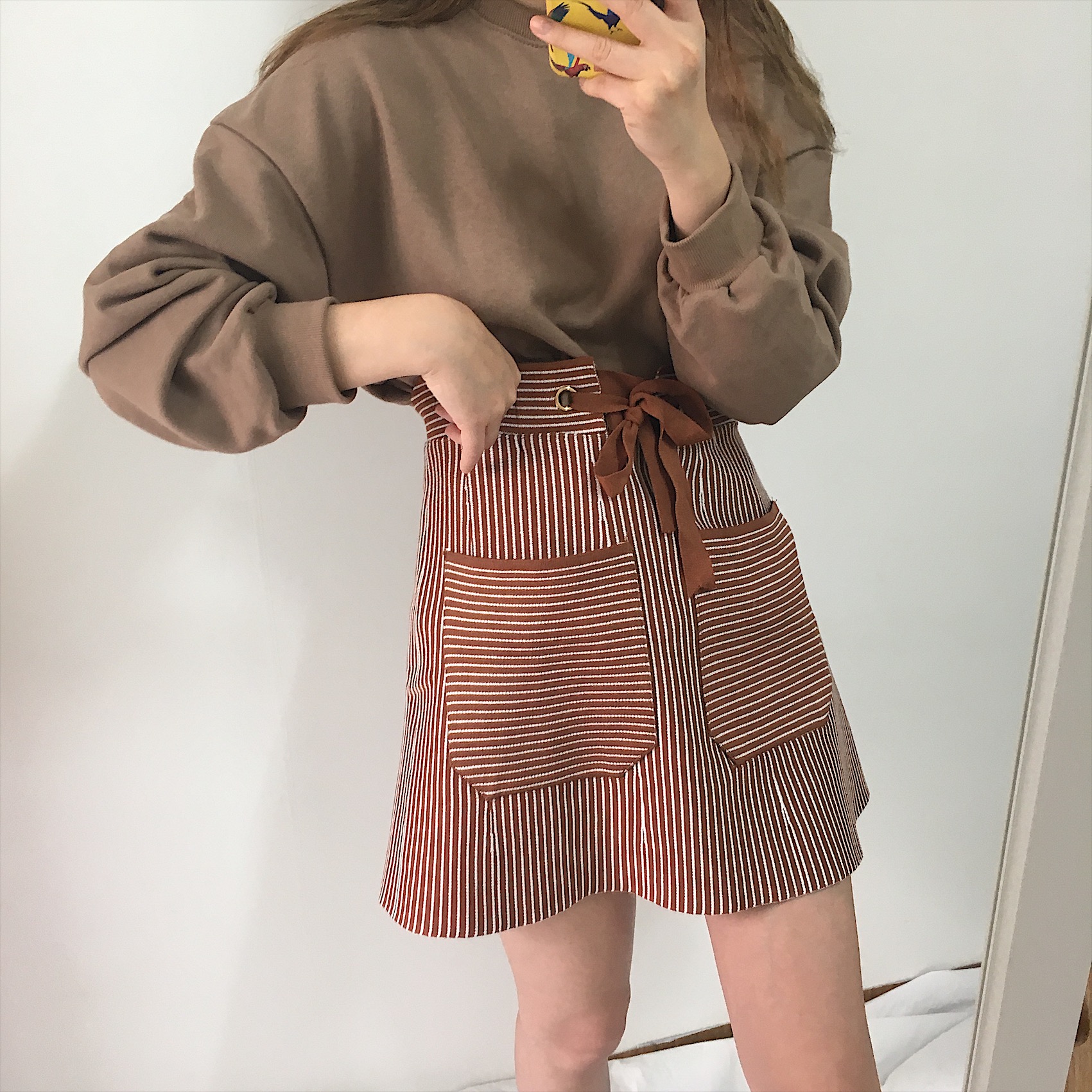 Pocket knot mini skirt 2color autumn striped slim 