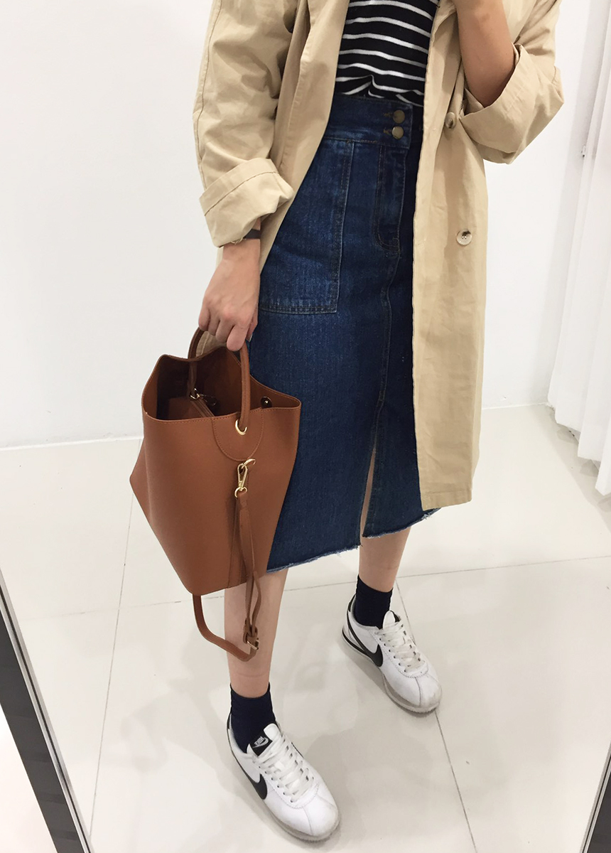 H line front denim denim skirt h long