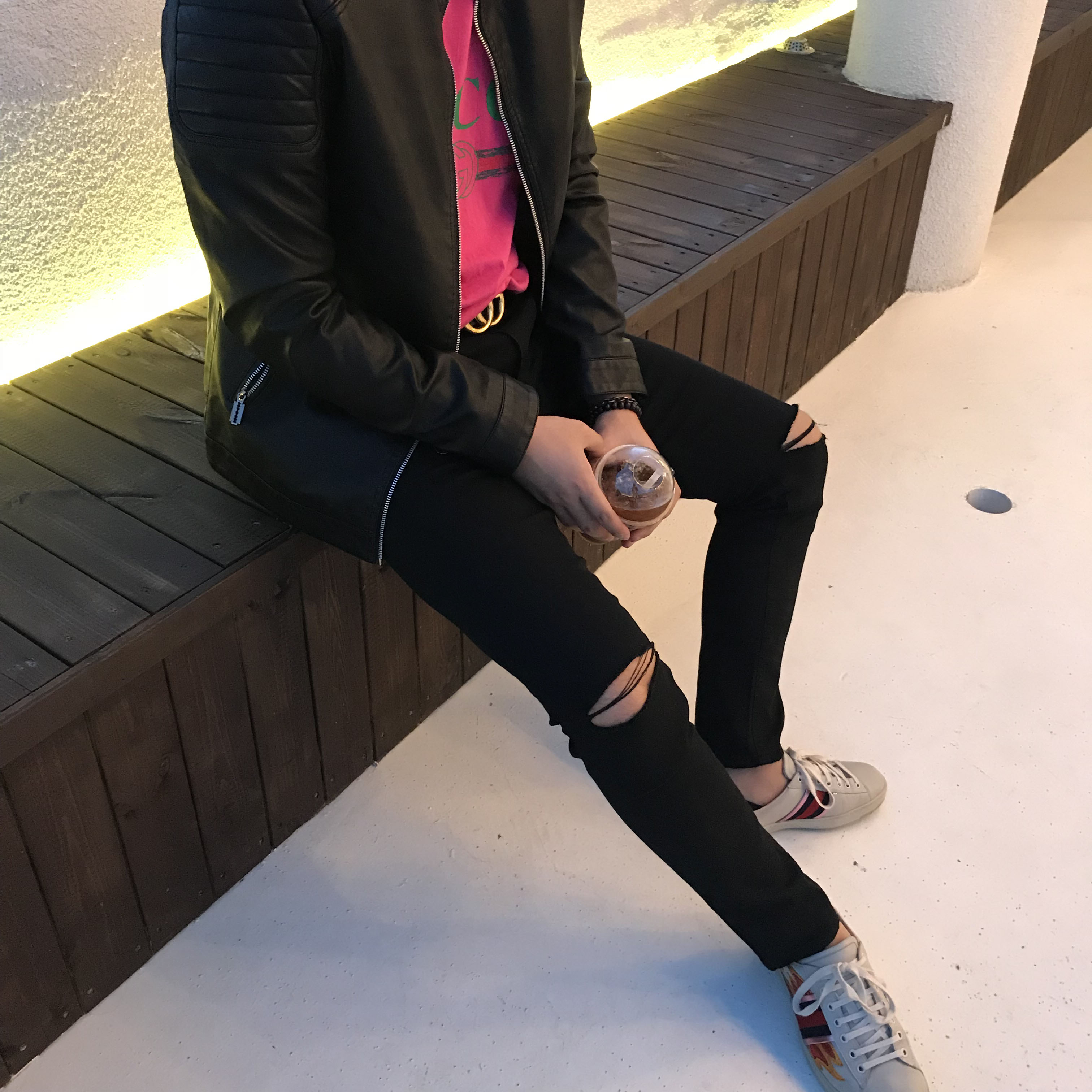 Korea Jeans Pants Span Black Knee Cutting Nozugi Z
