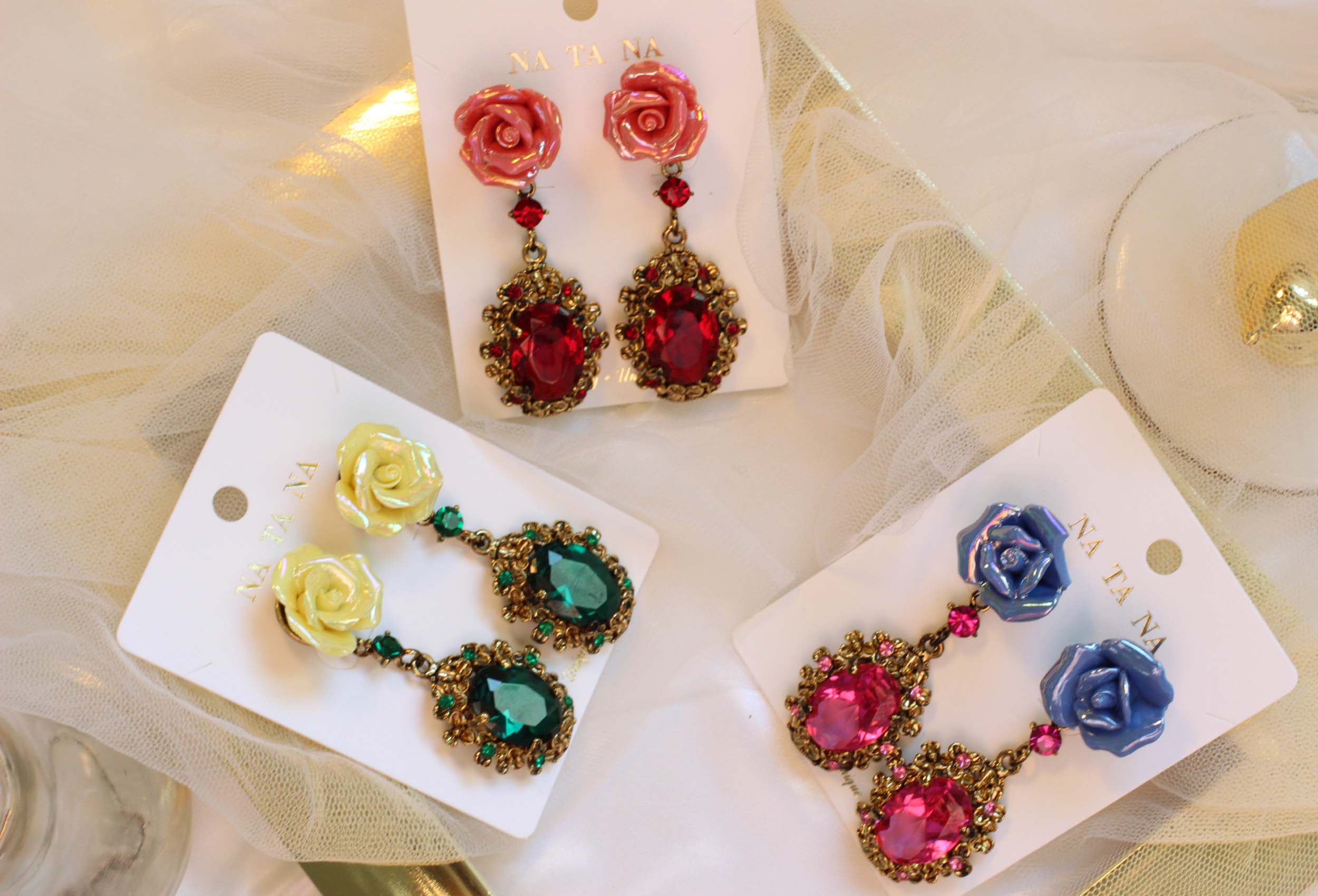 Vintage rose antique bold drop earrings colorful f