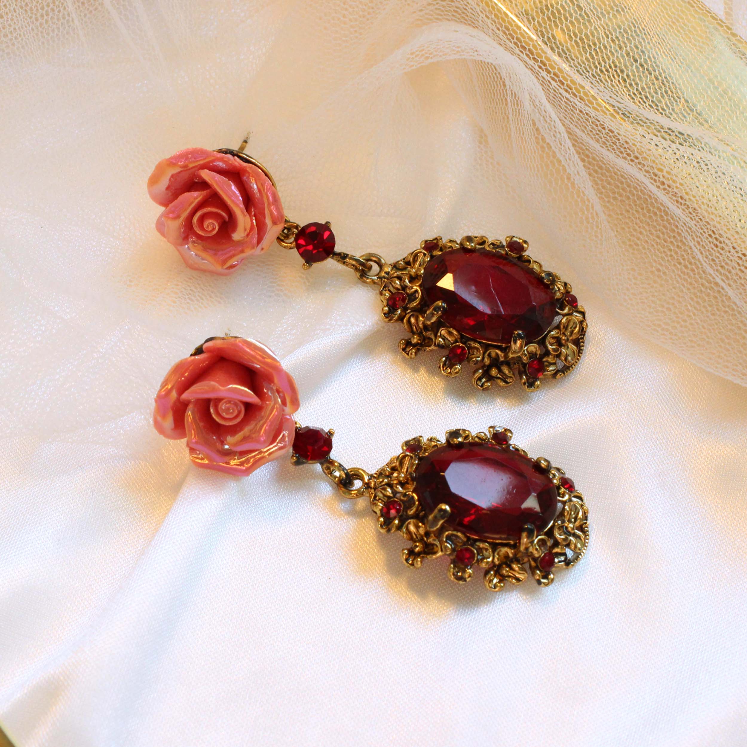 Vintage rose antique bold drop earrings colorful f