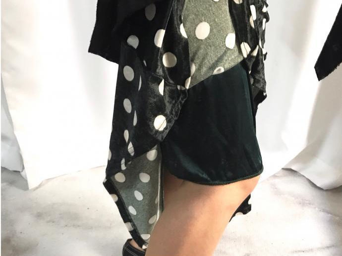 Dotted Velvet Long Skirt Uncut Mermaid Banding Cut