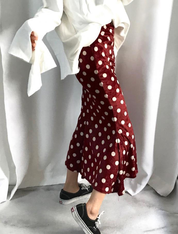 Dotted Velvet Long Skirt Uncut Mermaid Banding Cut