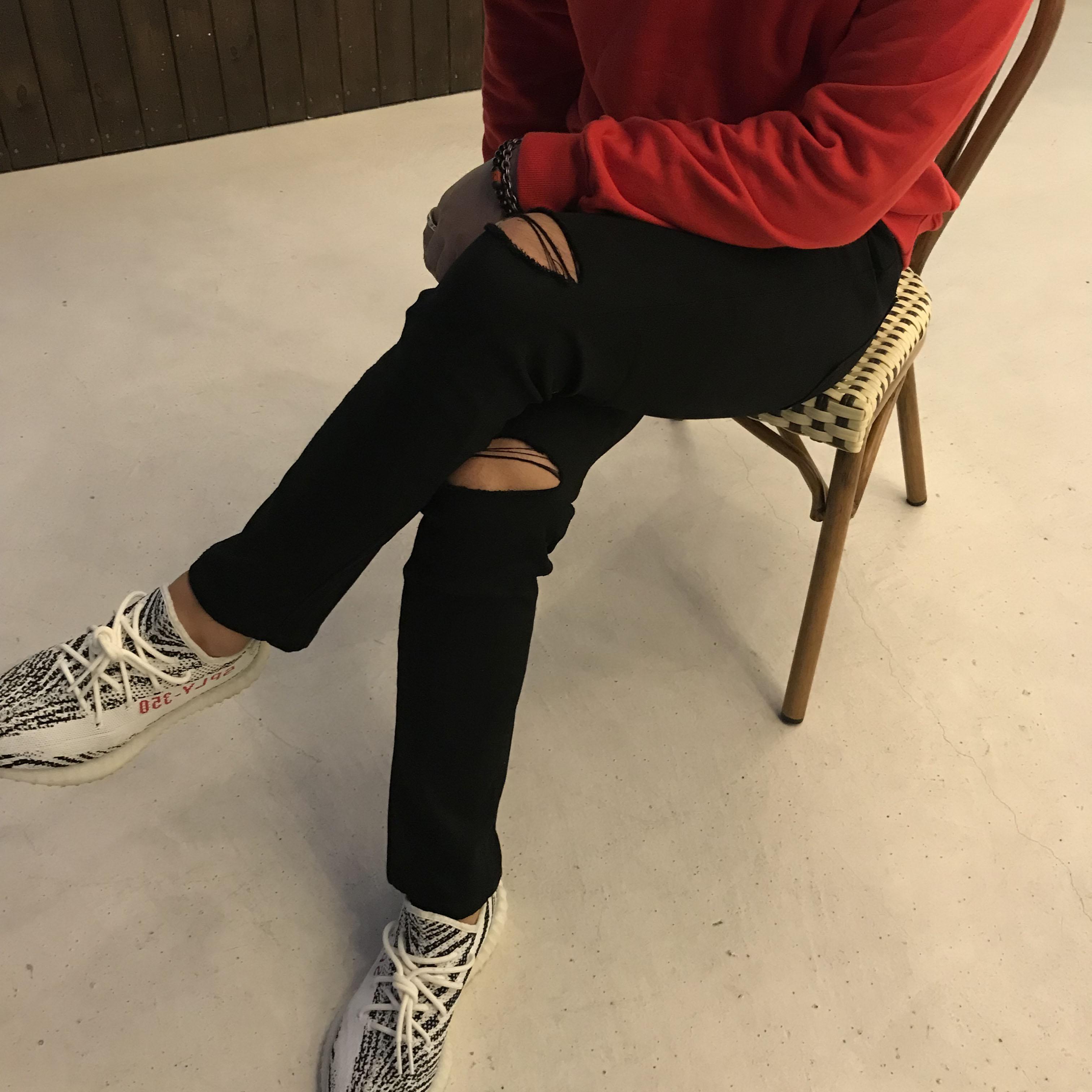 Korea Jeans Pants Span Black Knee Cutting Nozugi Z