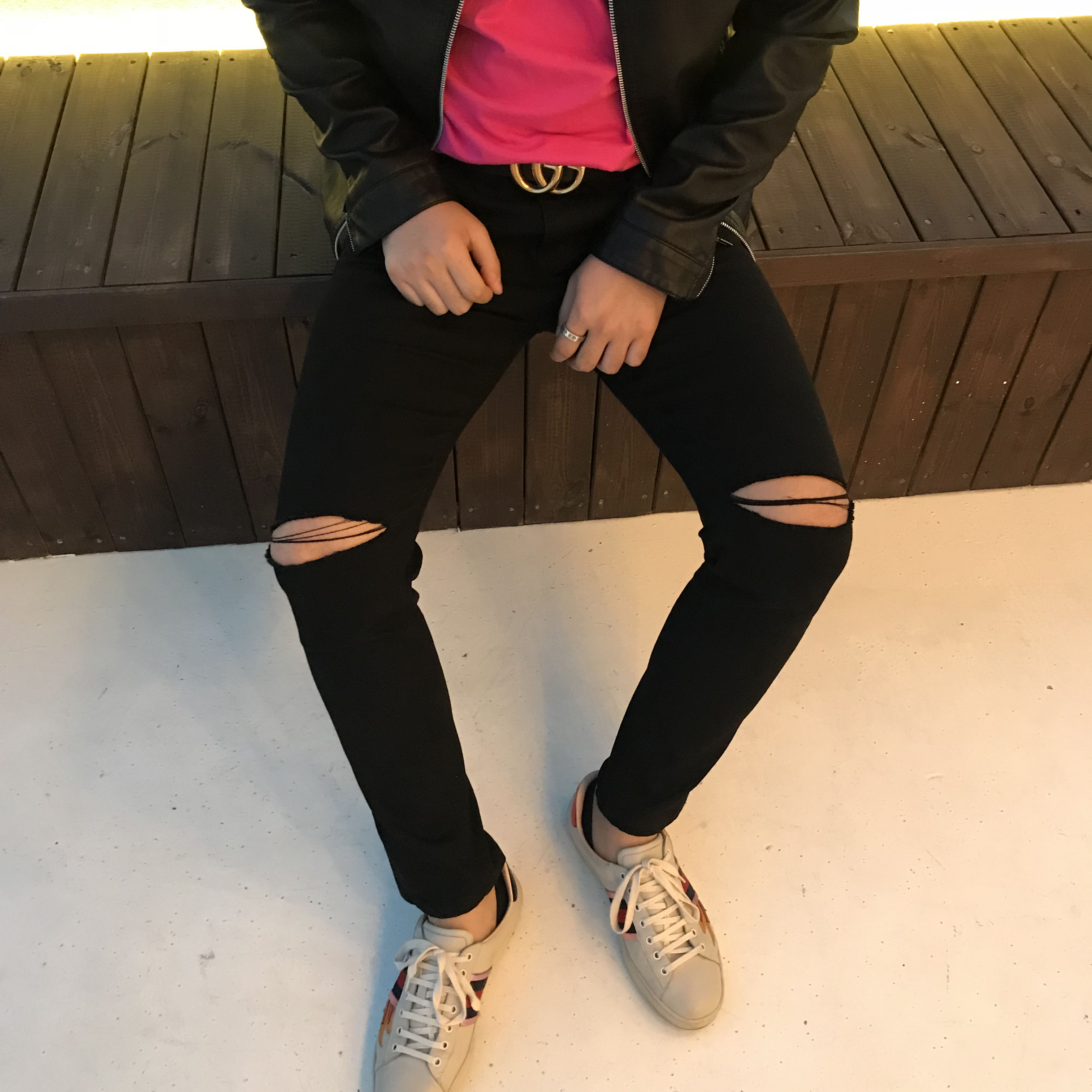 Korea Jeans Pants Span Black Knee Cutting Nozugi Z