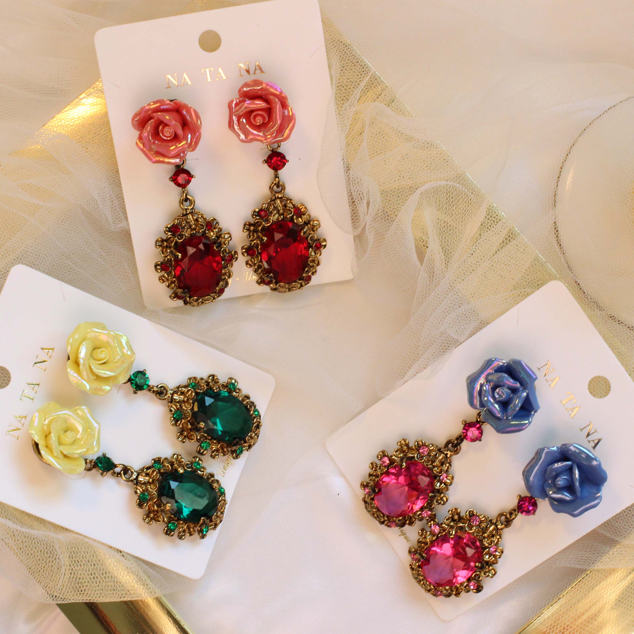 Vintage rose antique bold drop earrings colorful f