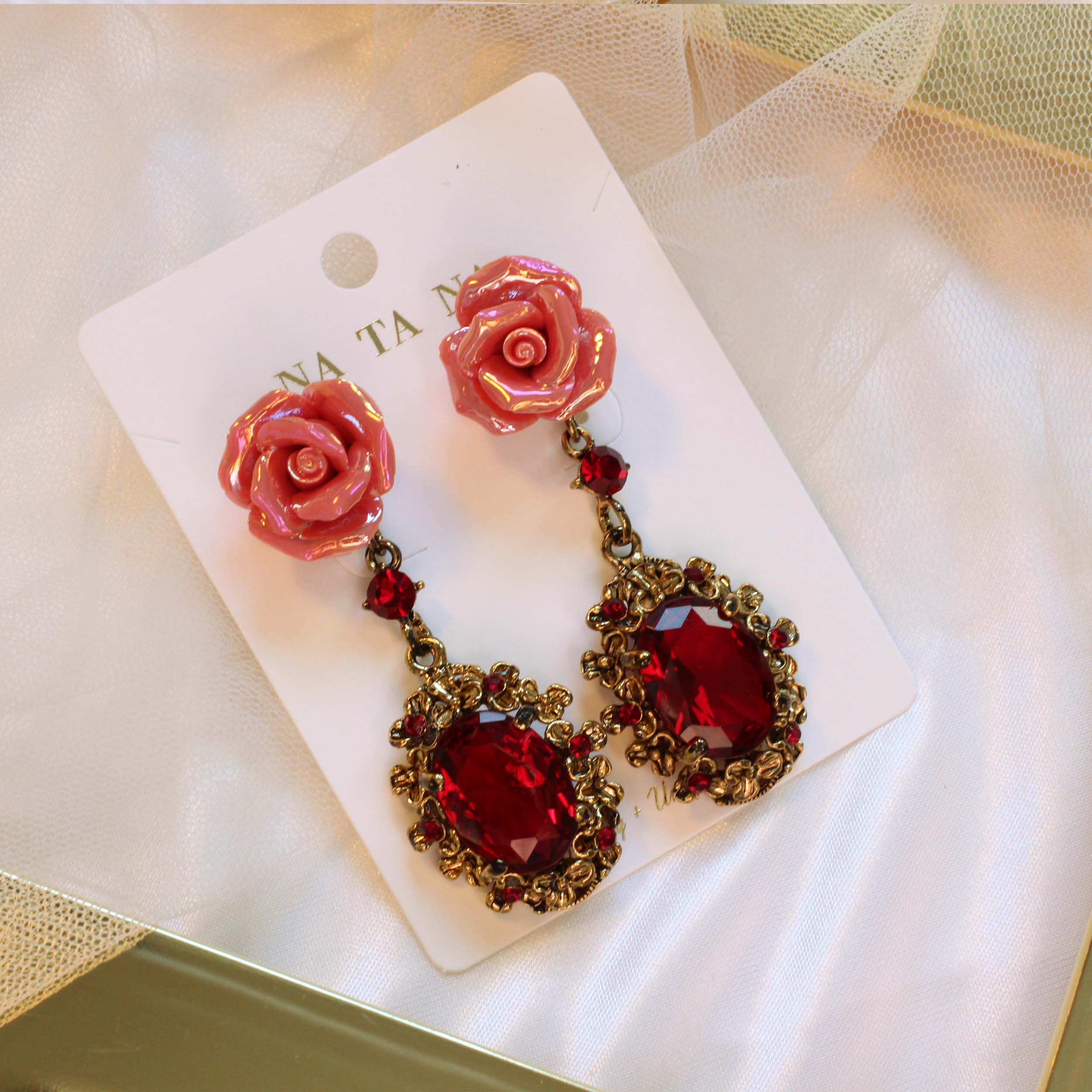 Vintage rose antique bold drop earrings colorful f