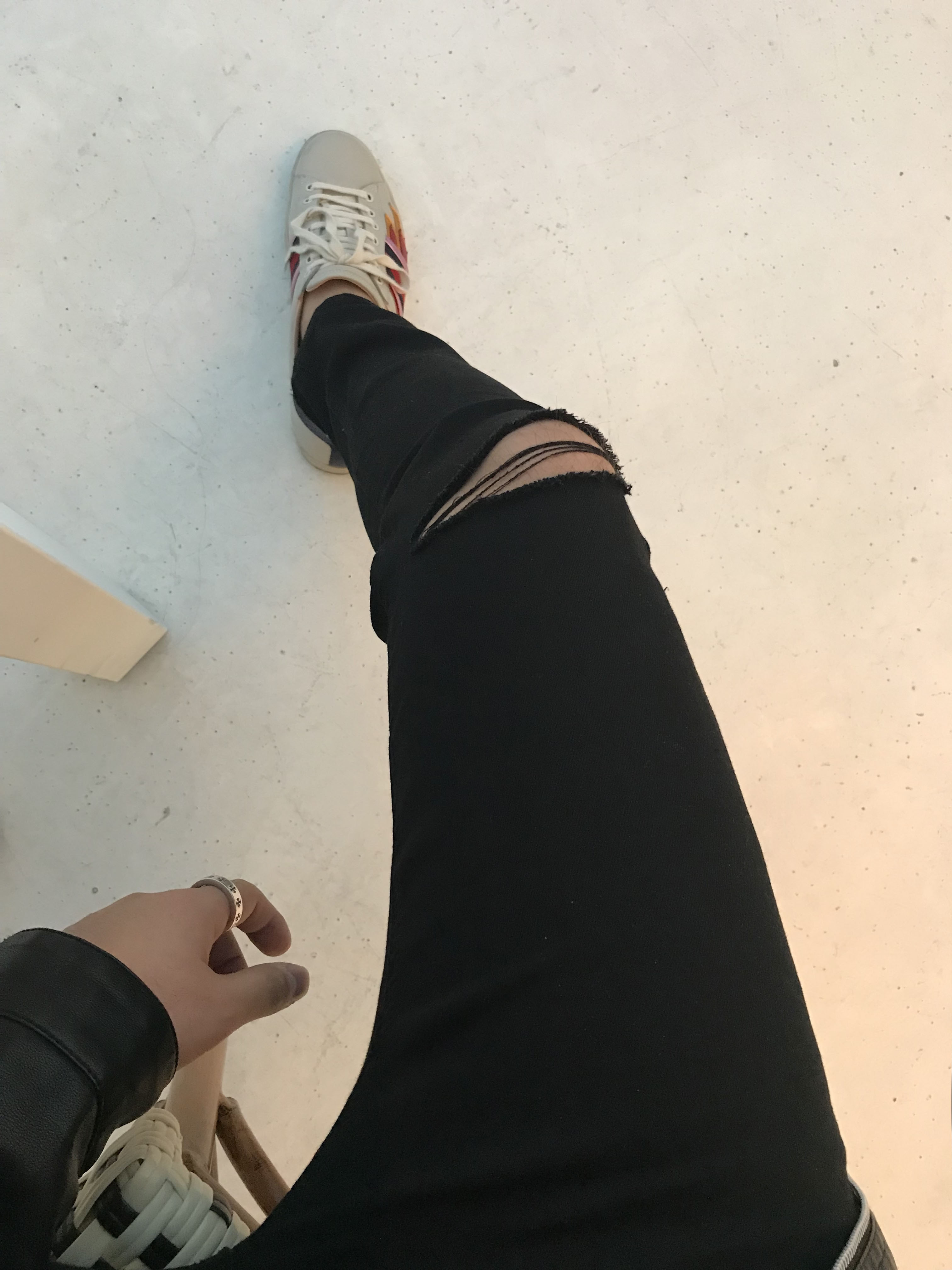 Korea Jeans Pants Span Black Knee Cutting Nozugi Z