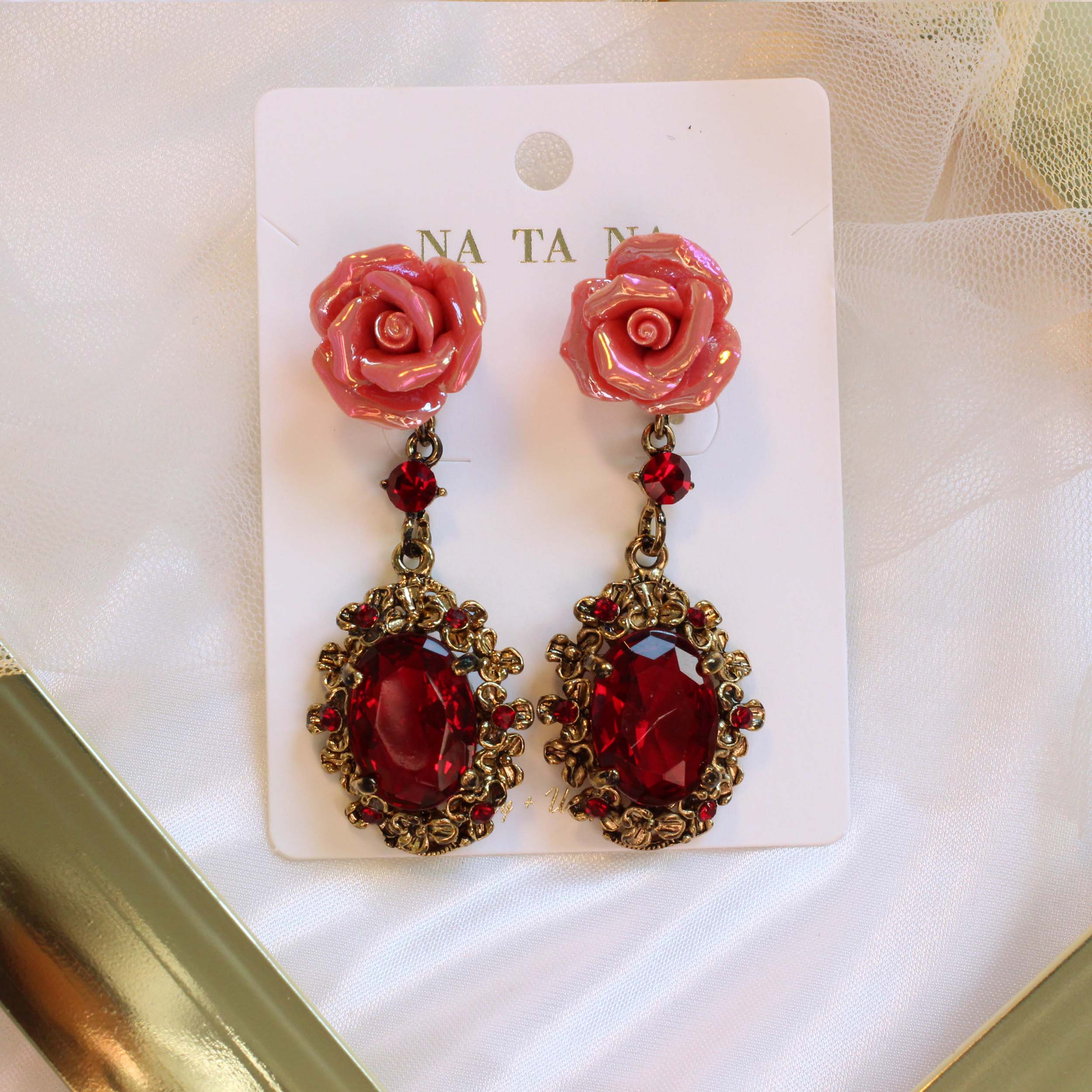 Vintage rose antique bold drop earrings colorful f