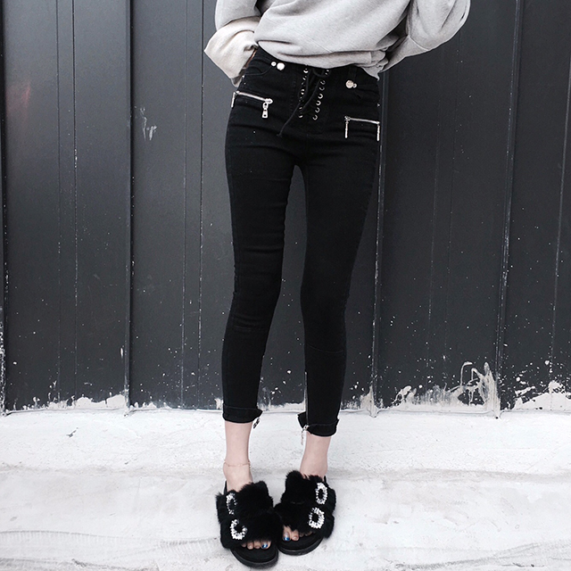 Korea Jeans Pants High Waist Eyelet Zipper Point S