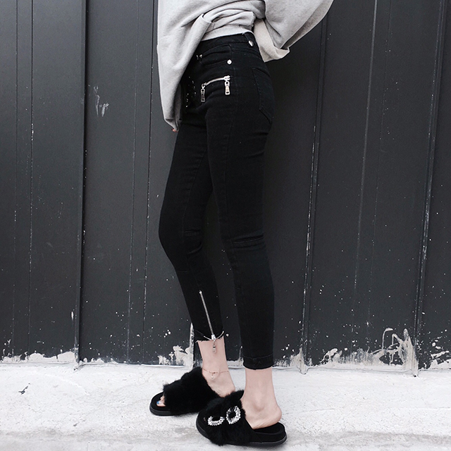 Korea Jeans Pants High Waist Eyelet Zipper Point S