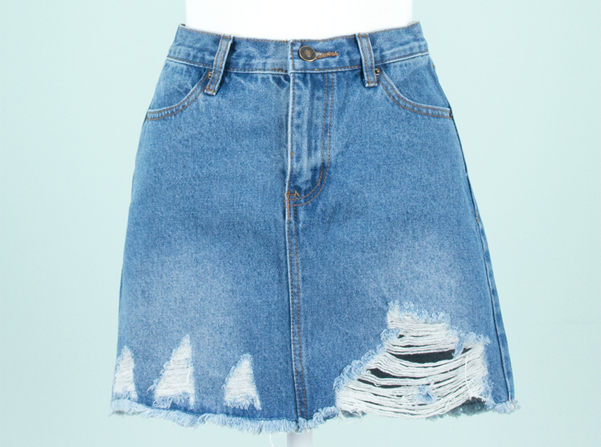 Denim Skirt H Line Damage Tear Chin 20s Female Hoo