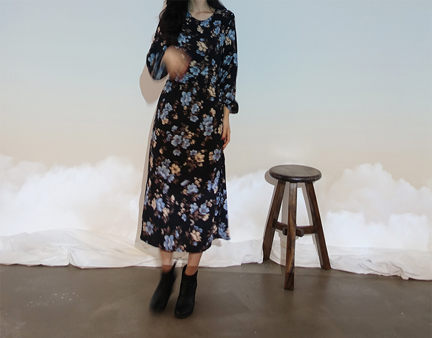 New Women Dress Autumn Flower Pattern Waist Bendin