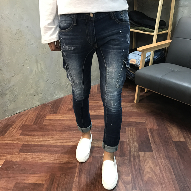 Korea Jeans Pants Cargo Damage Painting Men's J