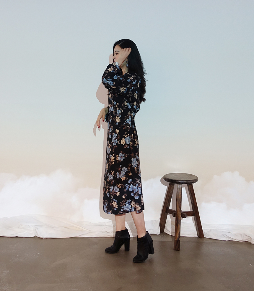 New Women Dress Autumn Flower Pattern Waist Bendin