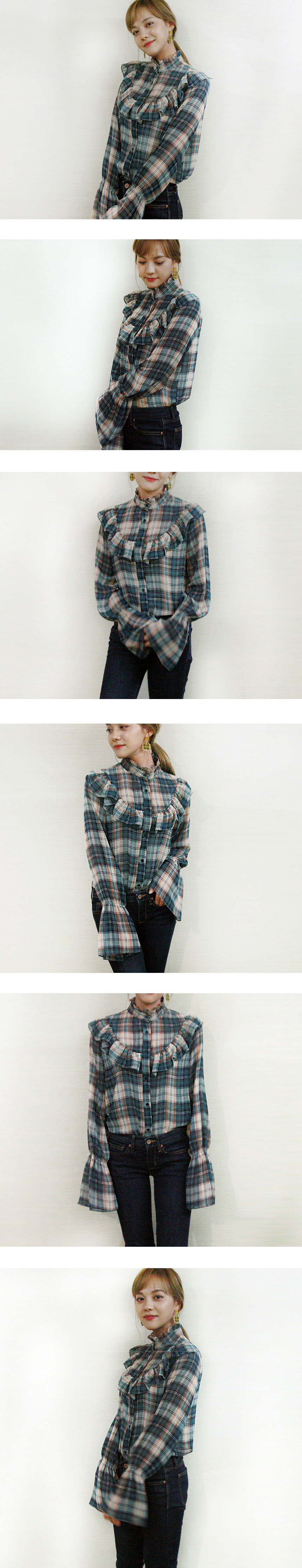 Women Blouses Frilly Check Chiffon Blouse Feminine