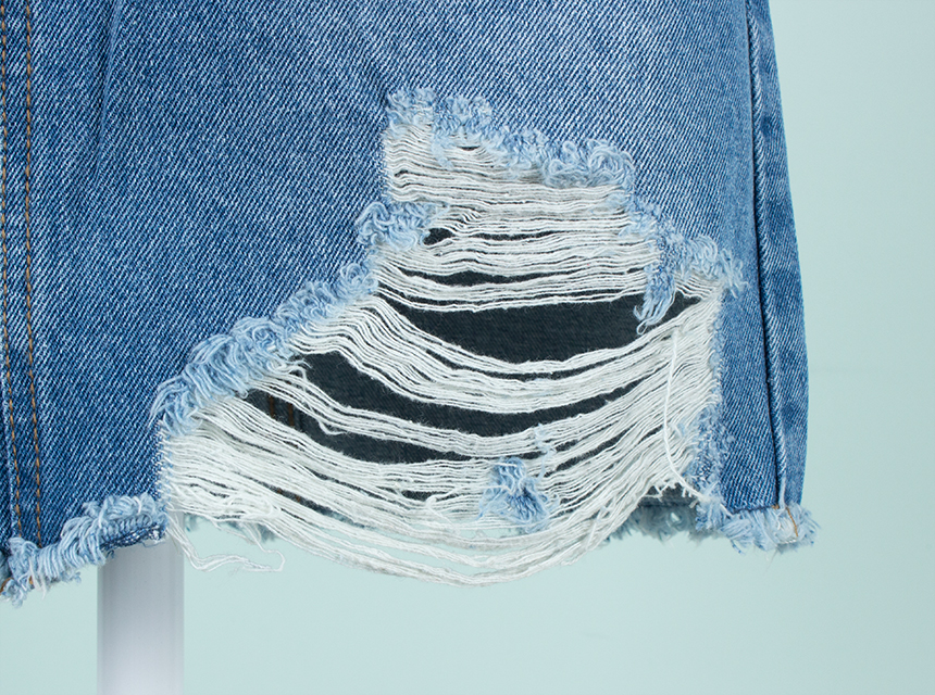 Denim Skirt H Line Damage Tear Chin 20s Female Hoo