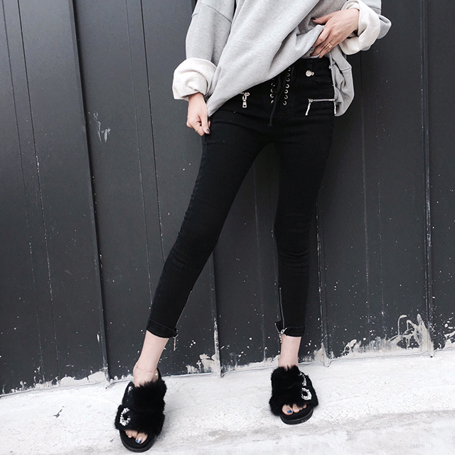 Korea Jeans Pants High Waist Eyelet Zipper Point S