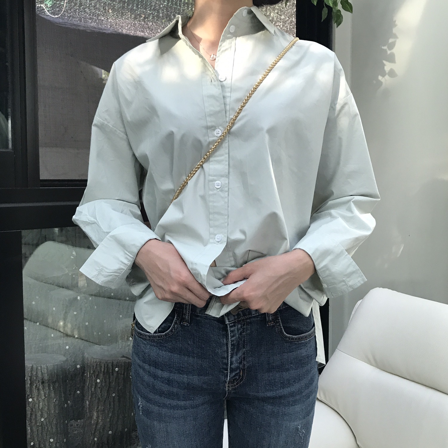 Autumn Basic Natural Mint Women Shirt Neat and cas