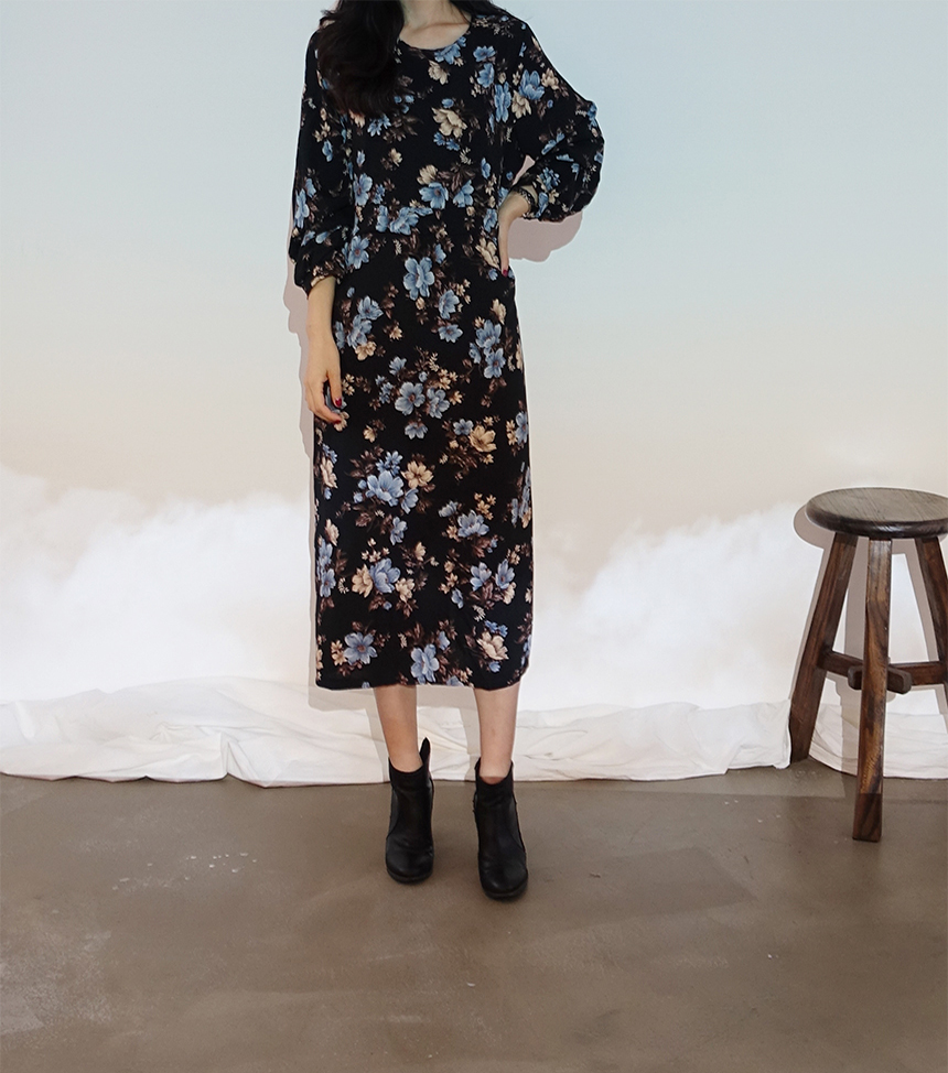 New Women Dress Autumn Flower Pattern Waist Bendin