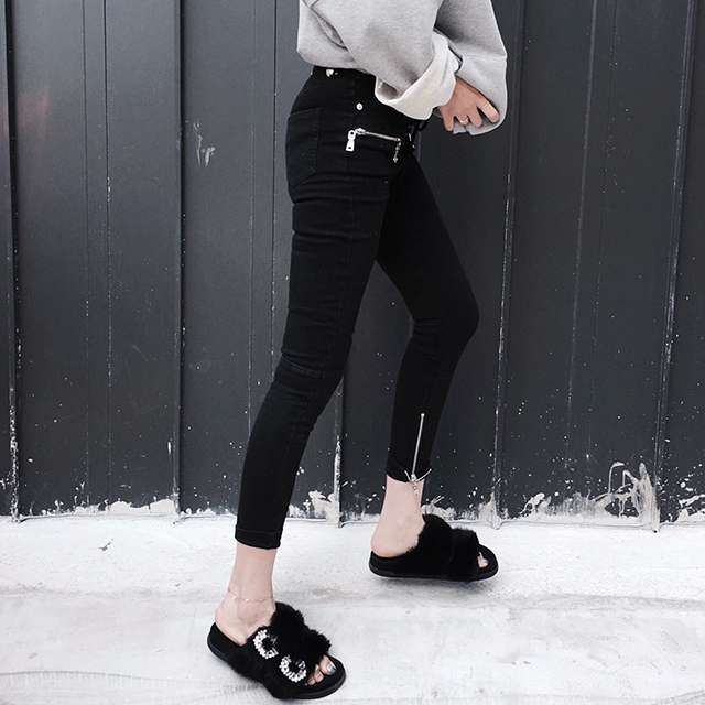 Korea Jeans Pants High Waist Eyelet Zipper Point S