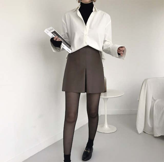 A line slit leather mini skirt 3color Casual desig