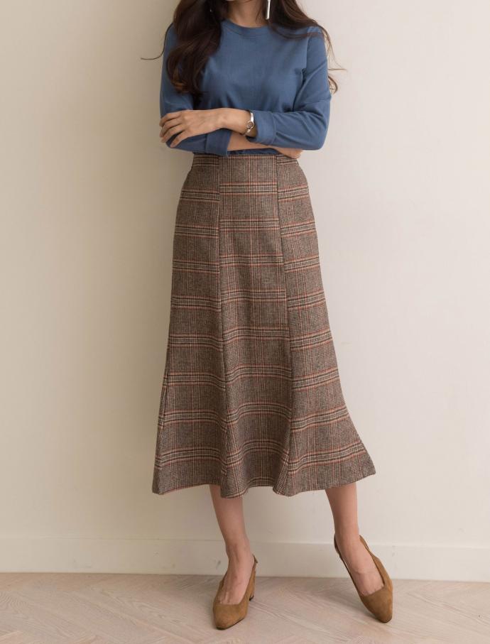 Autumn Winter Chess Long A Line Wool Wool Skirt Ch