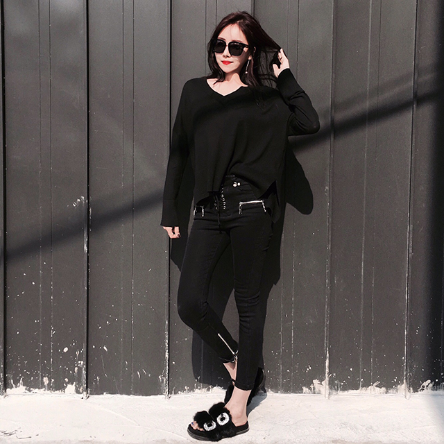 Korea Jeans Pants High Waist Eyelet Zipper Point S