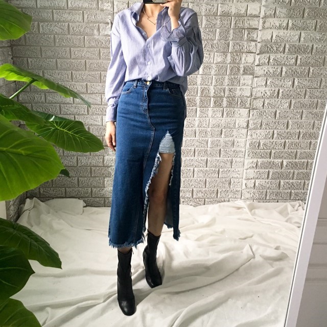 Denim Skirt Uneven Long Dance Sexy Look Girl Crush