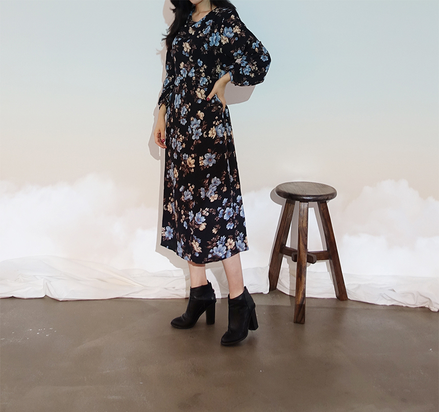 New Women Dress Autumn Flower Pattern Waist Bendin