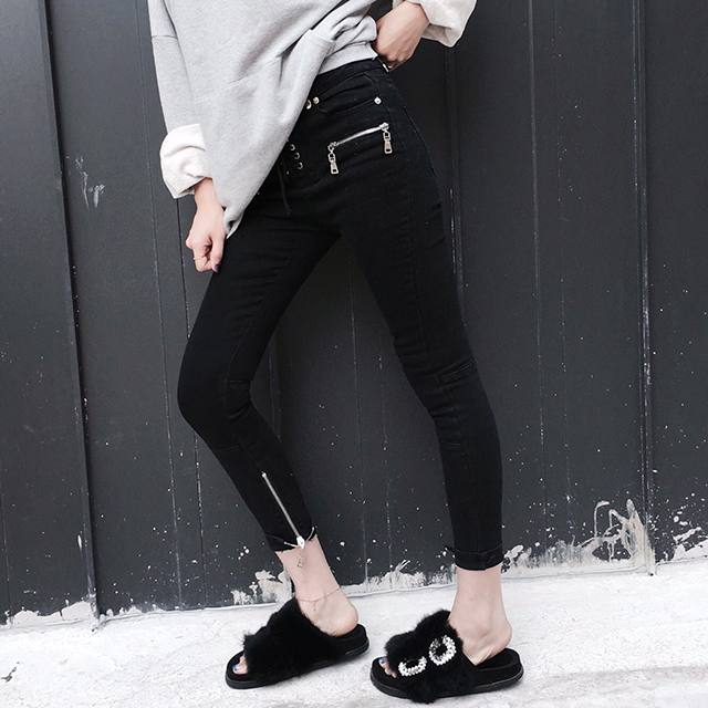 Korea Jeans Pants High Waist Eyelet Zipper Point S