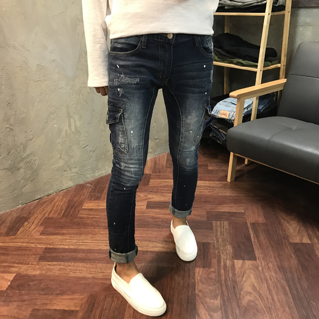Korea Jeans Pants Cargo Damage Painting Men's J