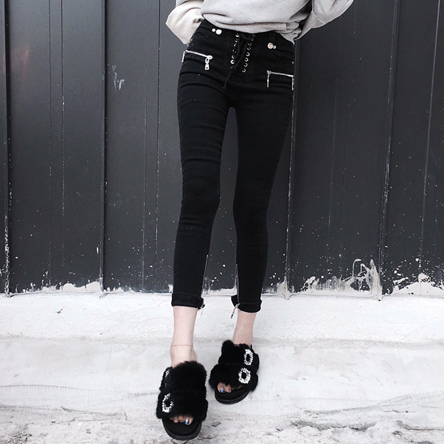 Korea Jeans Pants High Waist Eyelet Zipper Point S