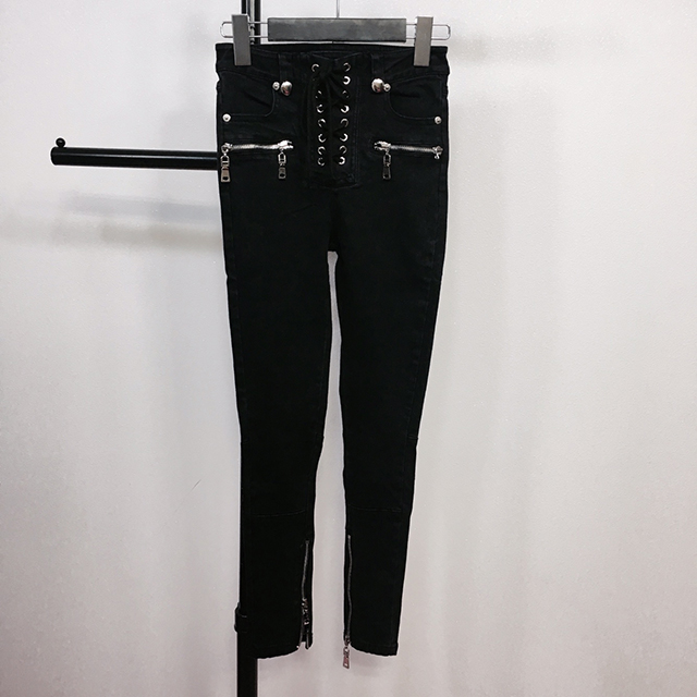 Korea Jeans Pants High Waist Eyelet Zipper Point S