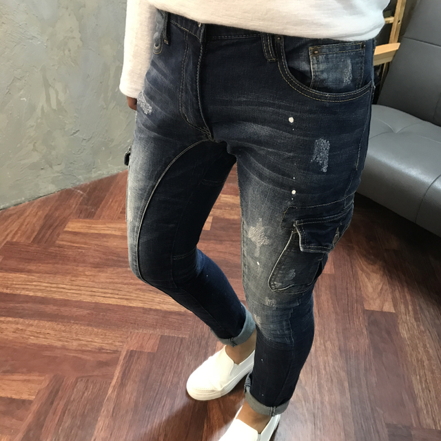 Korea Jeans Pants Cargo Damage Painting Men's J