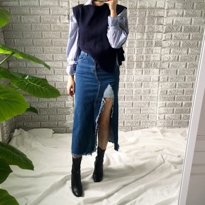 Denim Skirt Uneven Long Dance Sexy Look Girl Crush