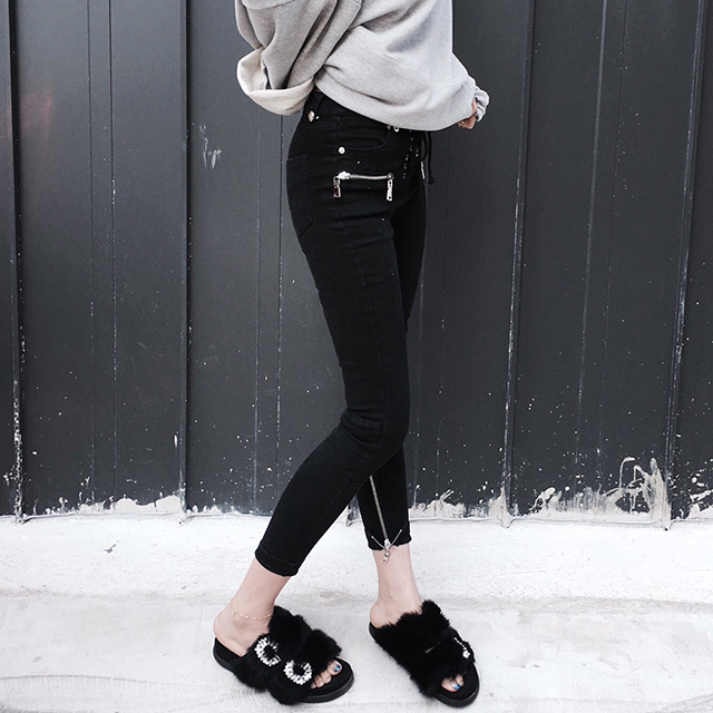 Korea Jeans Pants High Waist Eyelet Zipper Point S