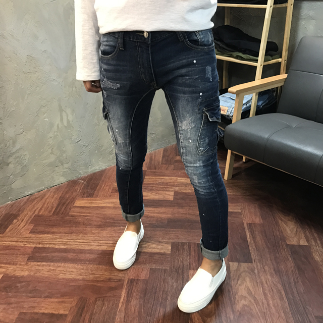 Korea Jeans Pants Cargo Damage Painting Men's J