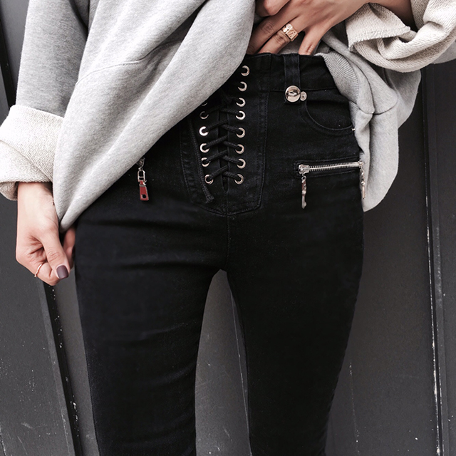 Korea Jeans Pants High Waist Eyelet Zipper Point S