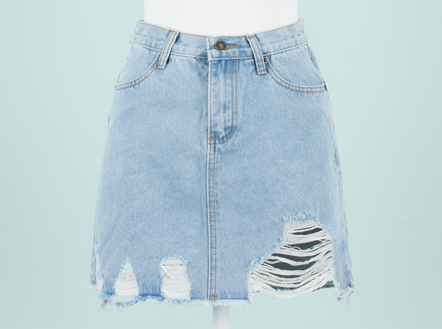 Denim Skirt H Line Damage Tear Chin 20s Female Hoo