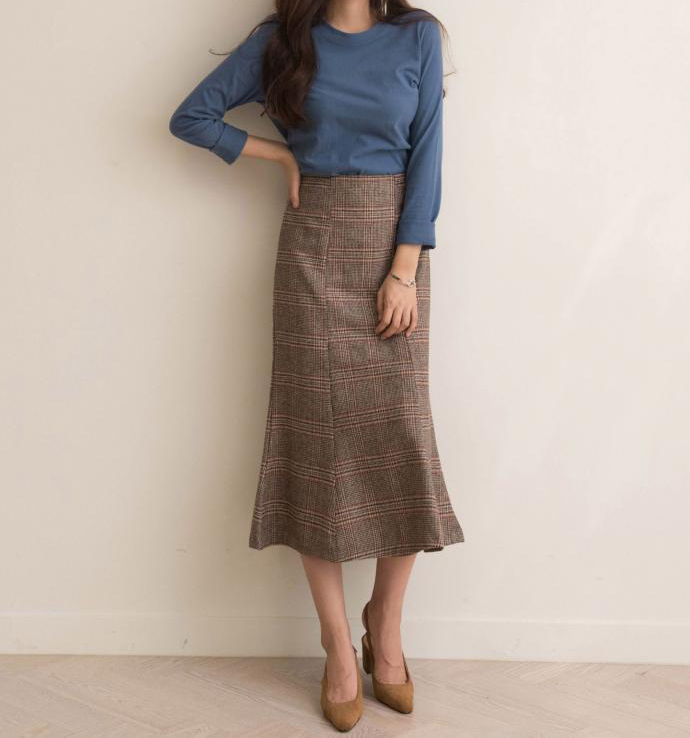 Autumn Winter Chess Long A Line Wool Wool Skirt Ch